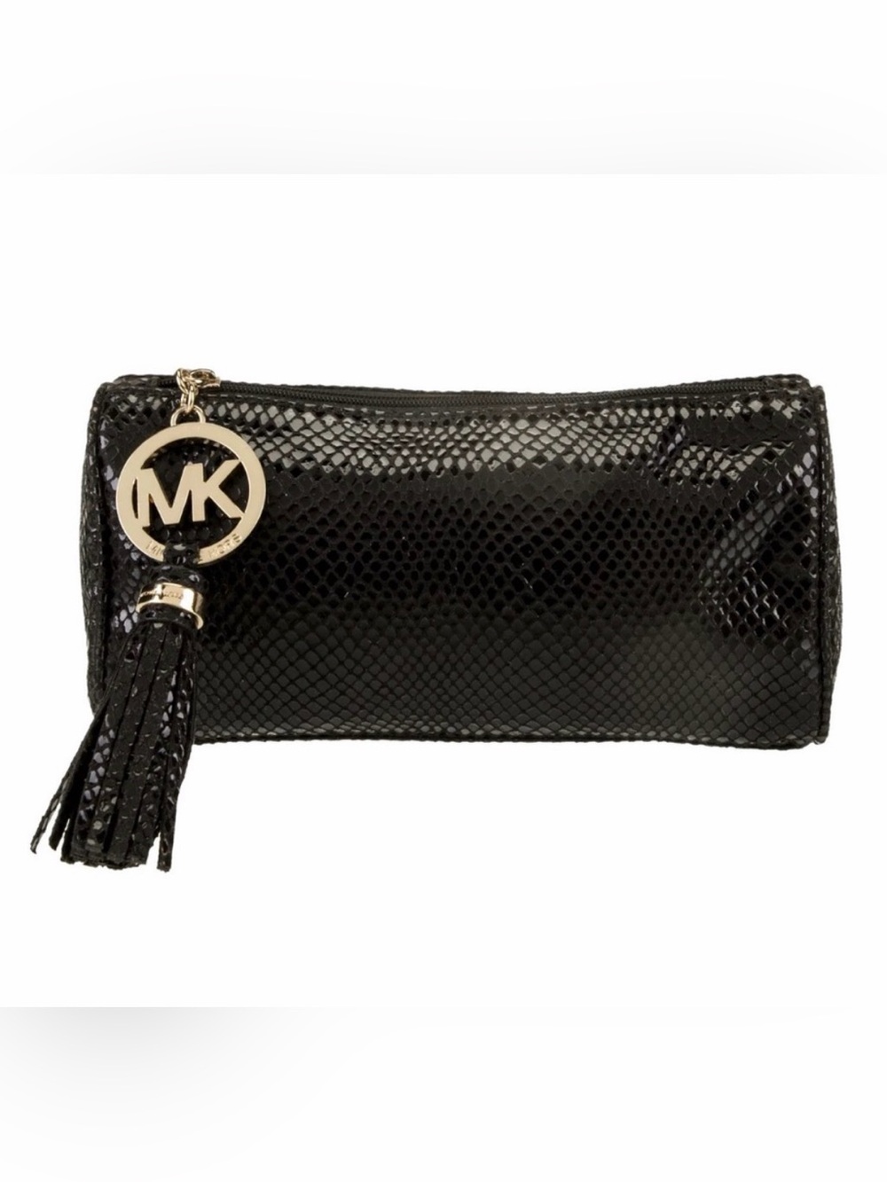 Michael Kors Black Snake-Embossed Leather Cosmetic Pouch w Gold MK Tassel EUC - Picture 12 of 15